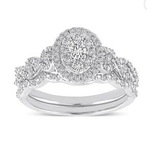 10k White Gold Diamond Halo Engagement Wedding Ring Set 0.50 ctw 4 grams